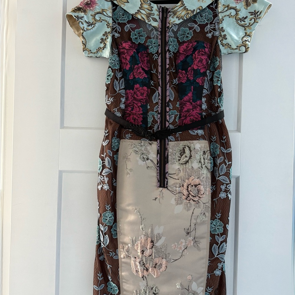 Byron Lars Floral Embroidered Midi Dress in Brown and Cream